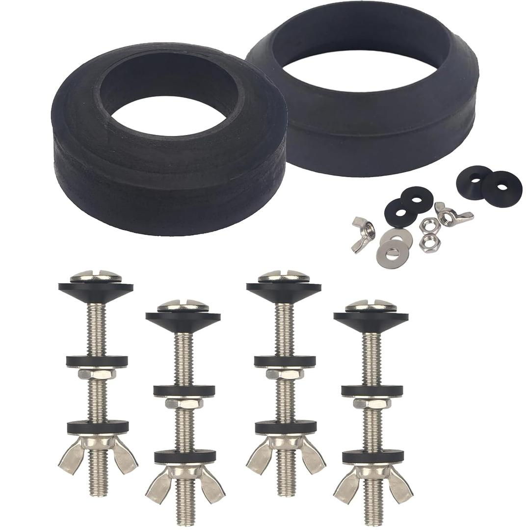 Universal Toilet Tank to Bowl Gasket & Tank to Bowl Bolts, 2 Kind Gasket and 4 Pieces 5/16 * 3.15 Inch Toilet Tank Bolts, Fit Most 2-Inch and 3-Inch Flush Valve Opening (Black)