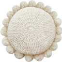 Boho Round Throw Pillow with Cute Handmade Pom Poms Tassels 18 Inch, Decorative Circular Knitted Crochet Cushion for Couch, Sofa, Chair, Bed, Beige