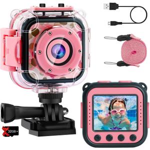 PROGRACE Pool Toy & Kids Underwater Camera - IP68 Waterproof Action Camera for Boys Ages 3-12, 1080P Video, 32GB Card, Mount for Bike & More, Birthday Gift for Diving, Swimming, Riding, Snorkeling (Pink)