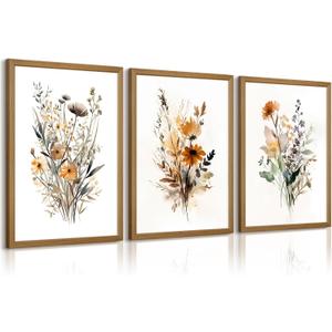 Botanical Wall Art Set of 3 Floral Wall Decor Prints Vintage Canvas Wall Art Wildflower Watercolor Pictures Farmhouse Artwork Floral Modern Painting for Bathroom Bedroom 12x16 Inch Wood Framed