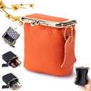Genuine Leather Mini Jewelry Box, Portable Genuine Leather Mini Coin Jewelry Purse, Vintage Travel Jewelry Case Organizer with Kiss Lock, for Earring, Ring, Necklace Coin or Lipstick(Orange)