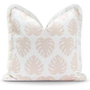 Hofdeco Premium Fall Coastal Patio Indoor Outdoor Pillow Cover Only, 20"x20" Water Repellent for Backyard, Couch, Neutral Tan Monstera Leaf Fringe