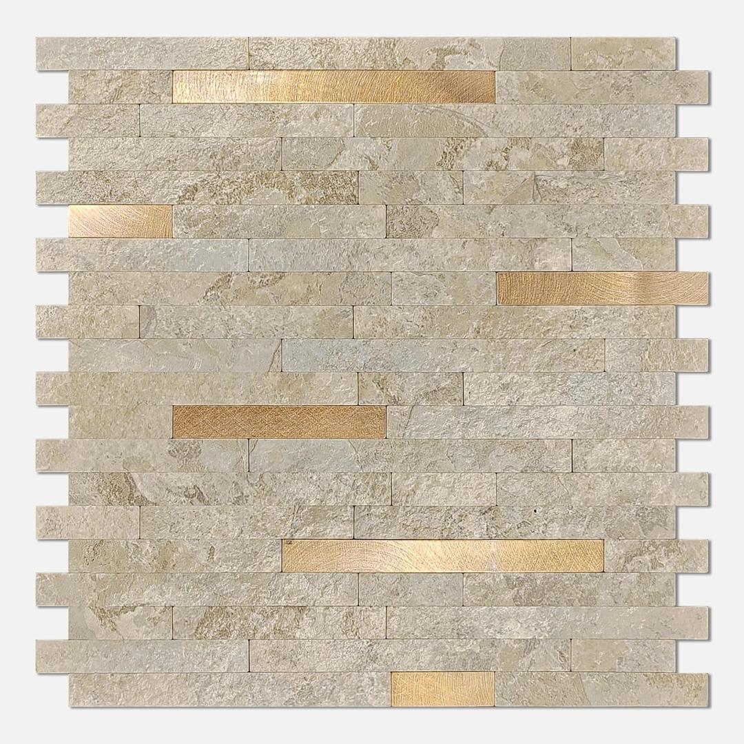 KASARO Peel and Stick Marble Backsplash Tile, 10 Sheets, Marble Stone Beige with Vintage Golden Stripes, Self-Adhesive Wall Tile for Kitchen, Bathroom, Fireplace, RV (11.7 x 12.1)