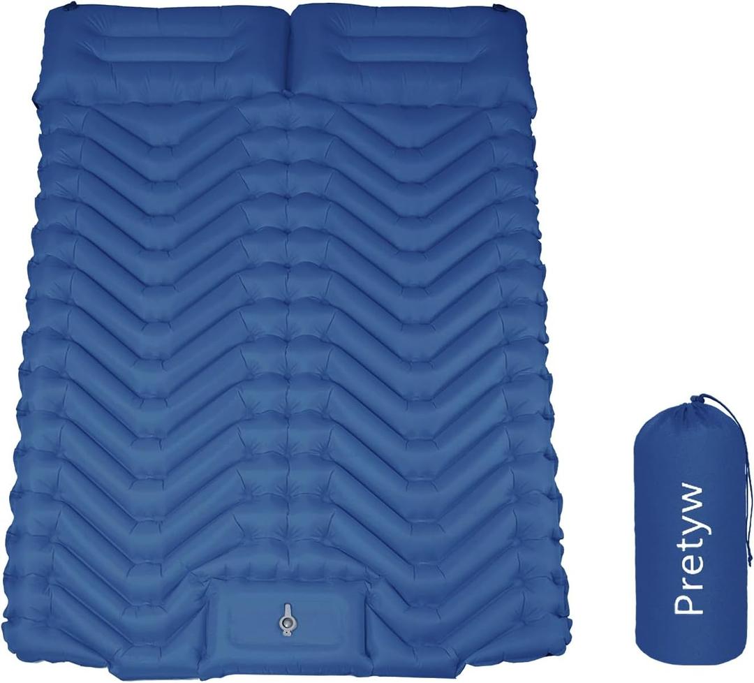 Double Sleeping Pad for Camping, Ultralight Camping Mattress with Pillow, Built-in Foot Pump, Thick Self-Inflatable 2-Person Portable Mat for Backpacking Hiking Car Traveling Beach Tent (Navy Blue)