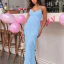 HOCILLE Women's Sexy V Neck Floral Lace Wedding Bodycon Spaghetti Strap Elegant Ruffle Maxi Cocktail Party Dresses (Blue, S)