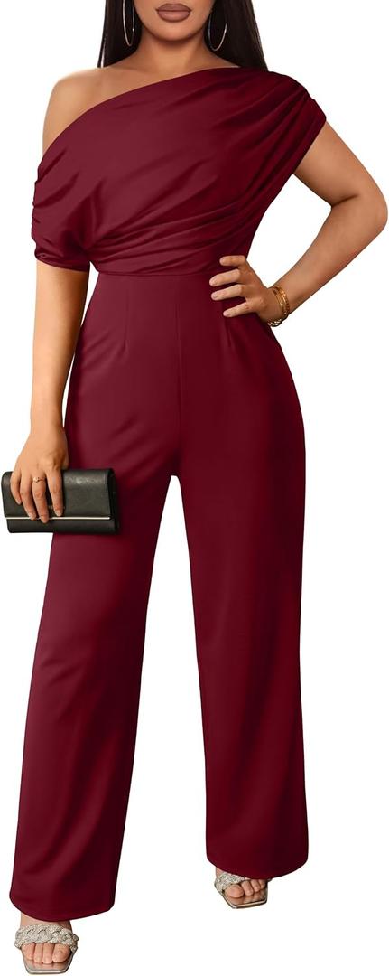 YMDUCH Women's Casual Sleeveless Off Shoulder Wide Leg Long Pant Jumpsuits (Large, Winered)