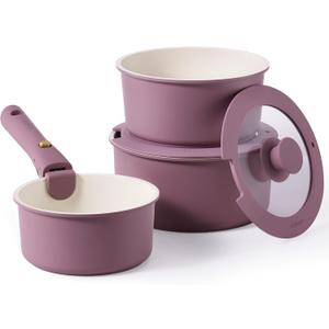 CAROTE 6pcs Nonstick Sauce Pan Sets with Lid 3 Sizes1.5QT, 2QT & 3QT, Non Stick Cooking Pot with Detachable Handle, Kitchen Sauce Pots Induction Pot, PFOA FREE, Dishwasher Safe, Purple