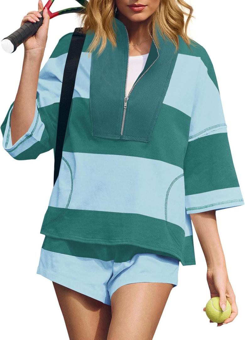 Fisoew Womens 2 Piece Outfits Summer Striped Sweatshirt Workout Shorts Sets Matching Lounge Set Tracksuits (Small, Green)
