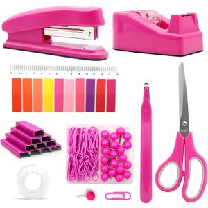 Hot Pink Desk Accessories Set - Stapler and Tape Dispenser Kit, Office Supplies Gift for Students, Women, Coworkers, Boss Lady, Office Clerks