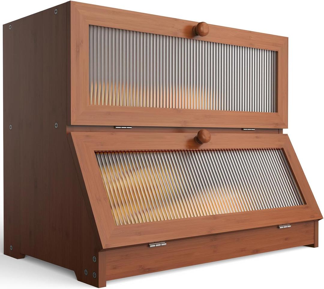 LOHASOK Bamboo Bread Box for Kitchen Countertop, Double Layer Large Bread Storage Container for Homemade Bread with Window & Lid, Bread Keeper Holder,Brown