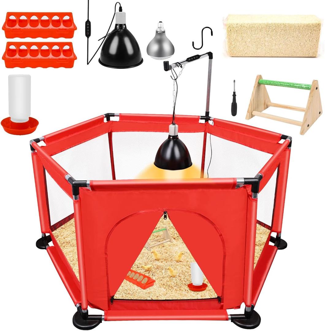 Chicks Brooder Box for Chicken Starter Kit- Includes Timing Heat Lamp Set, Detachable Chicken Brooder, Up to 15 Chicks, Sawdust, Chick Feeder and Waterer Set, Chick Perch 6-in-1 Chicken Coop Set.(Red)