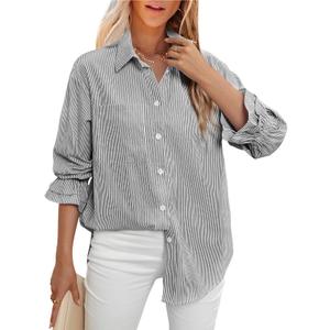 LEMAFER Women's Smocked Cuffed Stripe Boyfriend Button Down Shirts 2025 Collared Ruffle Sleeve Casual Top with Pockets