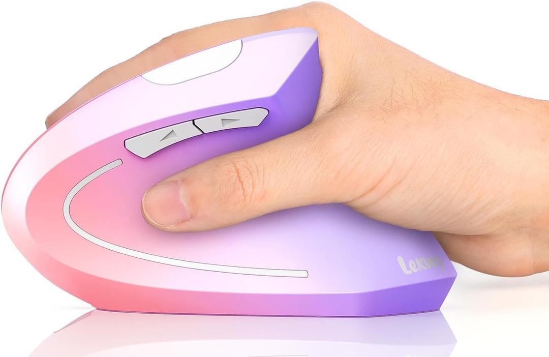 Lekvey Ergonomic Mouse, Vertical Wireless Mouse Rechargeable 2.4 GHz Optical Carpal Tunnel Mouse : 800/1200/1600 DPI, 6 Buttons, for Laptop, PC, Mac, Computer, Desktop, Notebook etc, Pink to Purple
