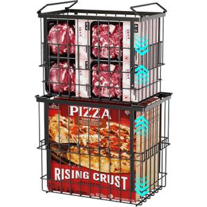 iSPECLE Freezer Organizer Bins, 2 Pack Fits 12" Pizza Adjustable for 5 to 7 Cu.Ft Chest Freezer, Stackable Wire Baskets with Handles, Heavy Duty Storage for Bulk Meat & Frozen Food, Black