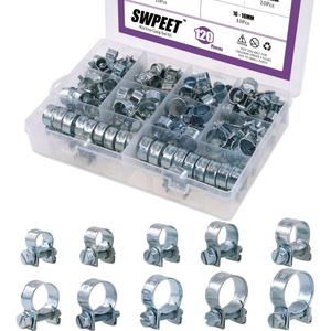 Swpeet 120Pcs 10 Sizes Zinc Plated Mini Fuel Injection Line Style Hose Clamp Assortment Kit Perfect for Automotive, Agriculture, Plant & Construction