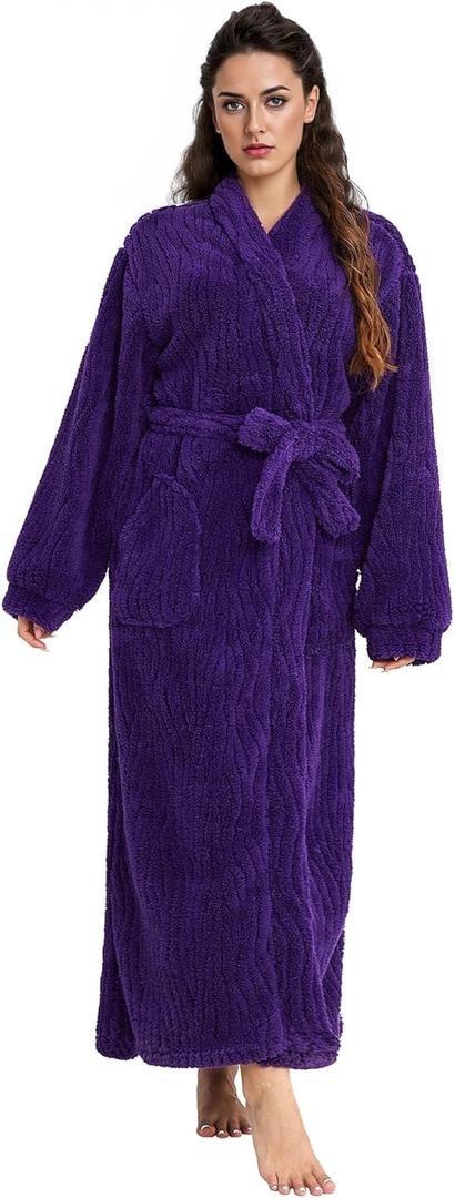 Artfasion Womens Long Fleece Robe - Warm Soft Floor Length Flannel Bathrobes for Winter Thicker Long House Coat with Pockets (Large-X-Large, Grape Purple)