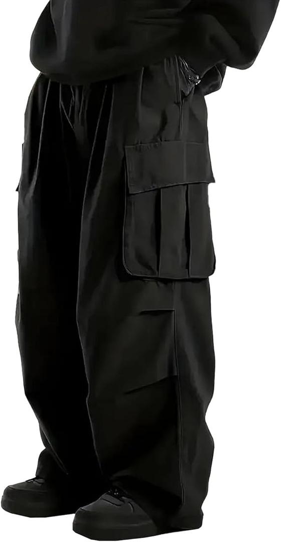 Baggy Cargo Pants Men Wide Casual Parachute Pants Men Jogger Drawstring Hiking Hip Hop Pants with Pocket Black M