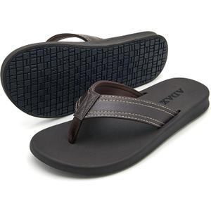 ADAX Mens Comfortable Leather Flip Flops,Non-Slip Sport Cushion Beach Slippers Thong Sandals (8.5, Brown)