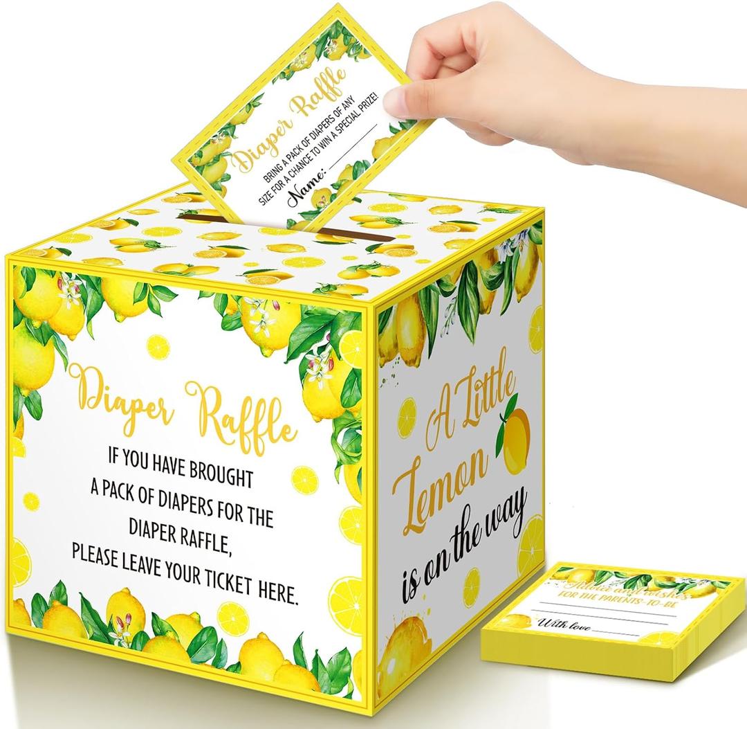 Teling 51 Pieces Diaper Raffle Tickets with Card Baby Shower Decorations Gender Reveal Holder Box for Girl Boy Diaper Raffle Party(A Little Lemon is on the Way)