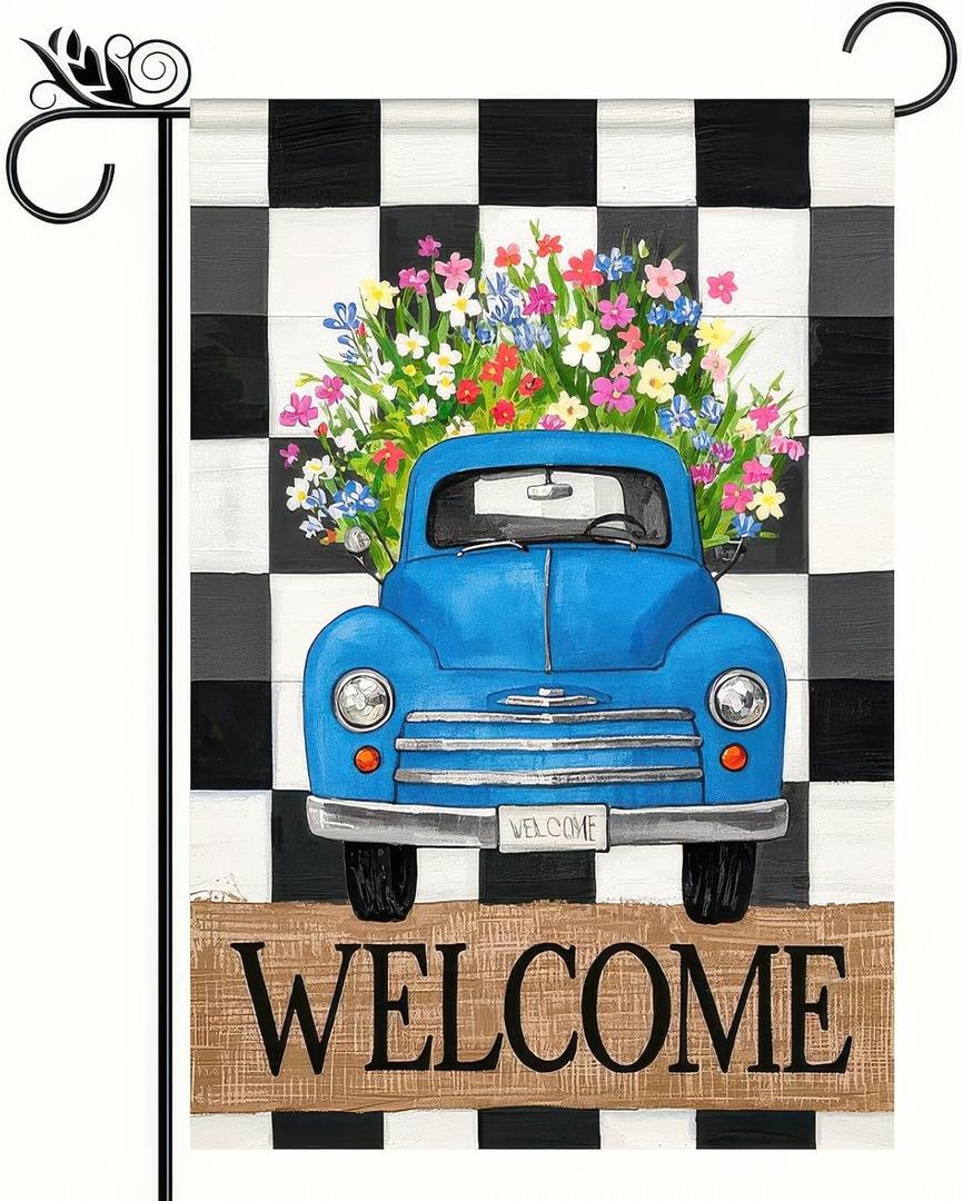 Garden Flag 12x18 Double-Sided Spring Decoration Vintage Blue Truck with Colorful Flowers, Welcome Checkered Backdrop Sign for Seasonal Yard and Outdoor Dcor