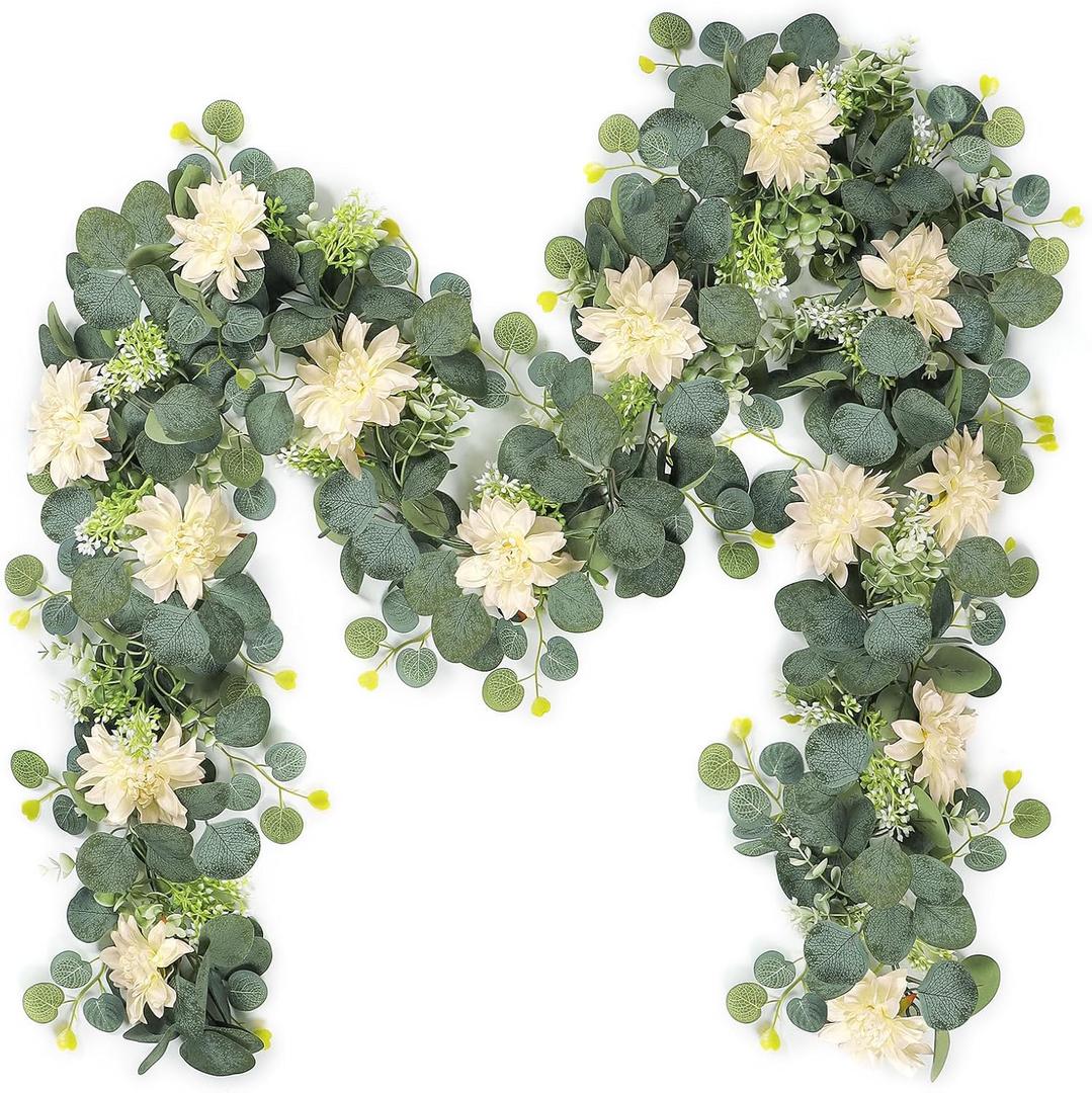 Dremisland Artificial Flower Garland 2 Pack 12Ft Champagne Dahlia Flower Vines Hanging Floral Eucalyptus Greenery Garland Decoration for Wedding Arch Bedroom Home Wall Backdrop Room Decor (2PCS)