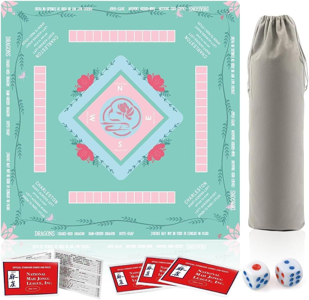 Mahjong Table Mat: 32.4 * 32.4 Inches Non-Slip and Noise-Reducing Mahjong Mat, Suitable for Mahjong, Poker, and Board Games. It Comes with 4 Mahjong Rule Cards, 2 Dice, and 1 Storage Bag. (Green)
