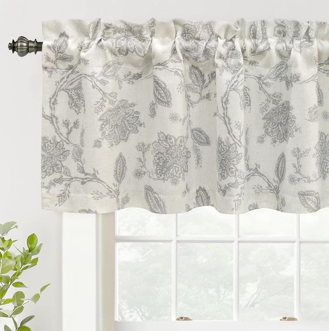 DriftAway Freda Jacobean Floral Linen Blend Blackout Thermal Insulated Energy Saving Privacy Window Linen Curtain Valance Rod Pocket 2 Layers Single 52 Inch by 18 Inch Plus 2 Inch Header Gray Beige