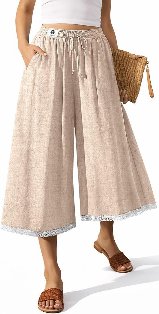 TARSE Women's Linen Capri Pants Wide Leg Flowy Culottes Summer Casual Lightweight Elastic Waist Drawstring with Pockets XL