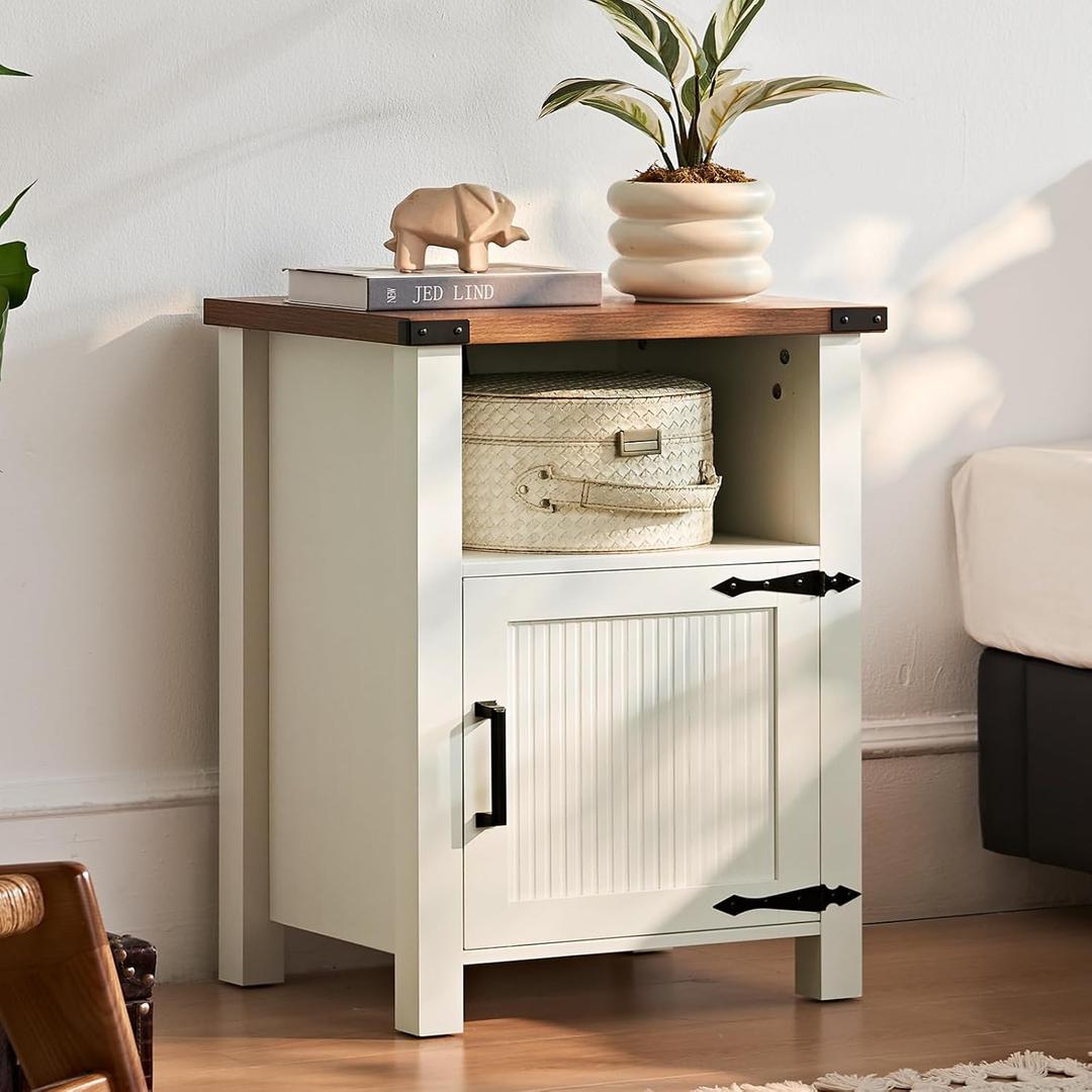 Joaxswe Nightstand with Charger Station and USB Port, 18 Inch Farmhouse Night Stand with Storage Shelf, Modern Couch Side Table with Magnetic Door, Bedside Tables for Bedroom, Home, Antique White