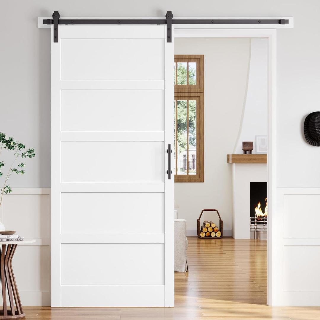42x96 Inch White Sliding Barn Door Slab with 7ft Hardware Kit Included, 5-Panel, MDF Wood Panel Covered with Water-Proof Scratch-Proof PVC Surface, Simple DIY Assembly
