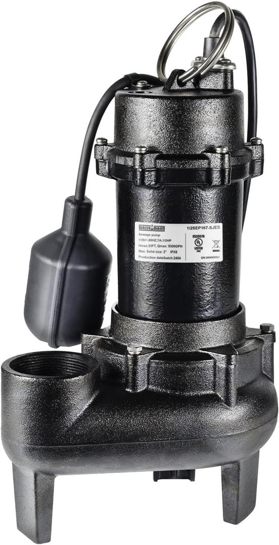 WASSERMANN 1/2 HP Sewage Pump with Auto Float Switch, 115V 5300 GPH Cast Iron Submersible Sewage Pump, Sump Pump for Basement Sump Basin Sewage Well 2" NPT Discharge with 10 FT Cable