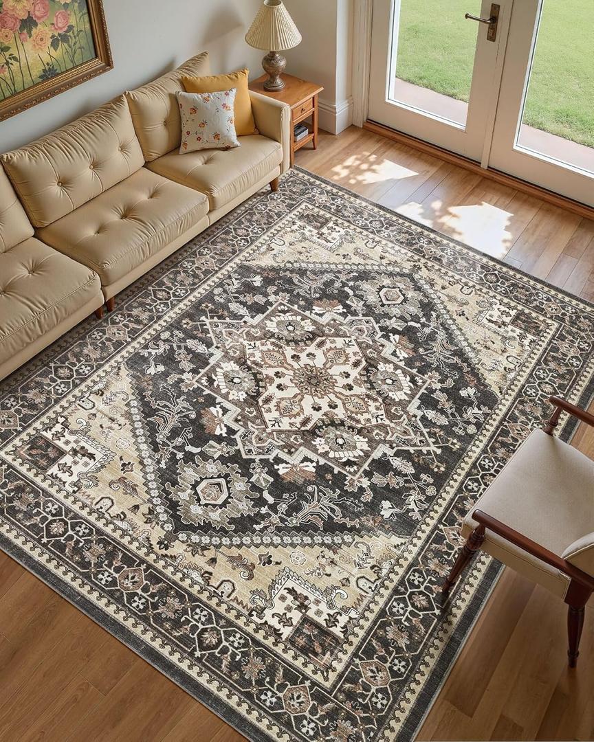 9x12 Vintage Area Rug: Washable Neutral Soft Non Slip Thin Large Floor Carpet for Living Room Bedroom Kitchen Dining Room Home Office Farmhouse Indoor - Black