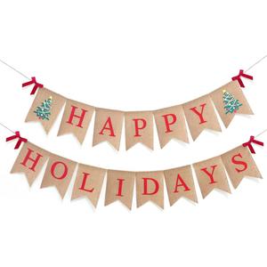 Happy Holiday Banner Burlap, Holiday Decorations Signs Banner for Office Home Classroom Fireplace Mantel Indoor Outdoor Decor