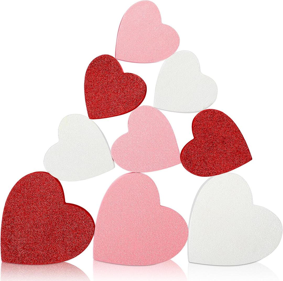 Amyhill 9 Pcs Wooden Heart Valentines Decorations Tiered Tray Decor Set Red Pink White Wooden Heart Blocks Love Signs Tabletop Centerpieces for Home Party Office Shelf Door(Glitter)