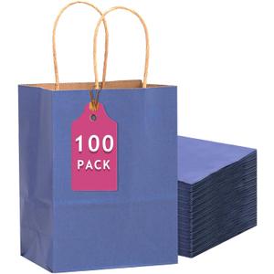 qiqee 100PCS Gift Bag with Handles Bulk Kraft Deep Blue Paper Bags Multiple Uses (13''x5 x10 inch Large Size)