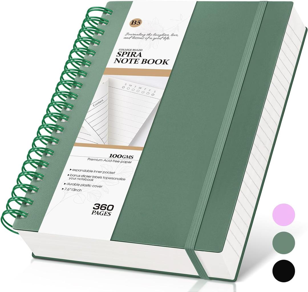 Spiral Notebook Journal, 360 Pages College Ruled Notebooks, Lined Thick Journals for Women Men, B5 Big Spiral Notebooks with 100GSM Paper, Spiral Bound Journal for Writing Work School Green 7.6"×10"