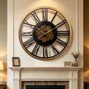 32in Large Wall Clock with Exposed Gears, Silent Roman Numeral | Non-ticking vintage industrial metal frame clock, moving gears, battery operated, decor for living room