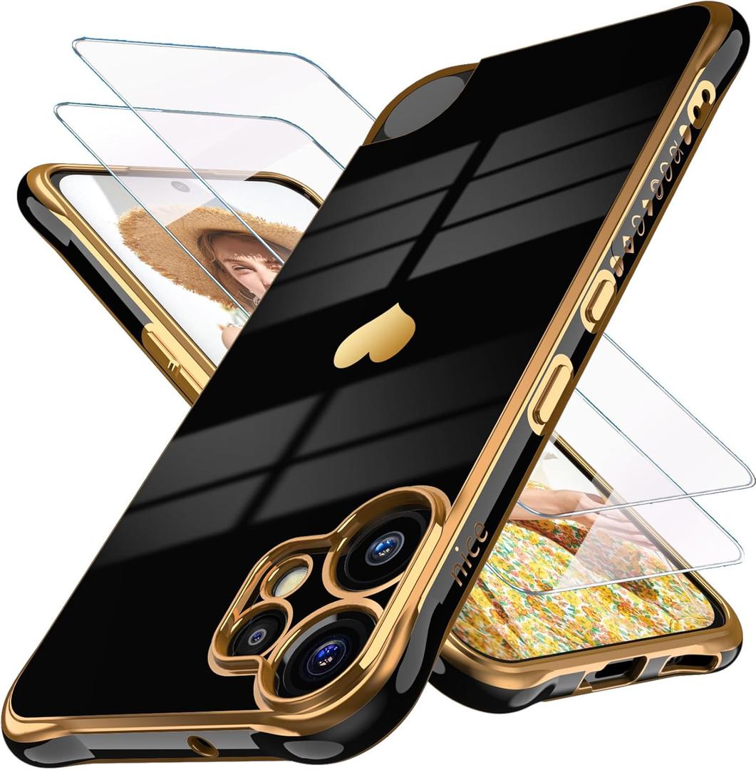 2 x Dretal for Nothing CMF Phone 2 Pro Case with 2X Screen Protector, Girl Women Cute Girly Love-Heart Luxury Gold Soft Cover Camera Protection Bumper Silicone Shockproof Case for CMF Phone 2 Pro (Black)