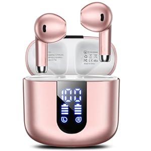 Haqquio Wireless Earbuds, Bluetooth Headphones with Deep Bass Stereo, 48H Playback Ear Buds with LED Power Display, Lightweight, IPX7, in-Ear Earphones with Mic for iPhone/ Android/ iPad, Light Pink