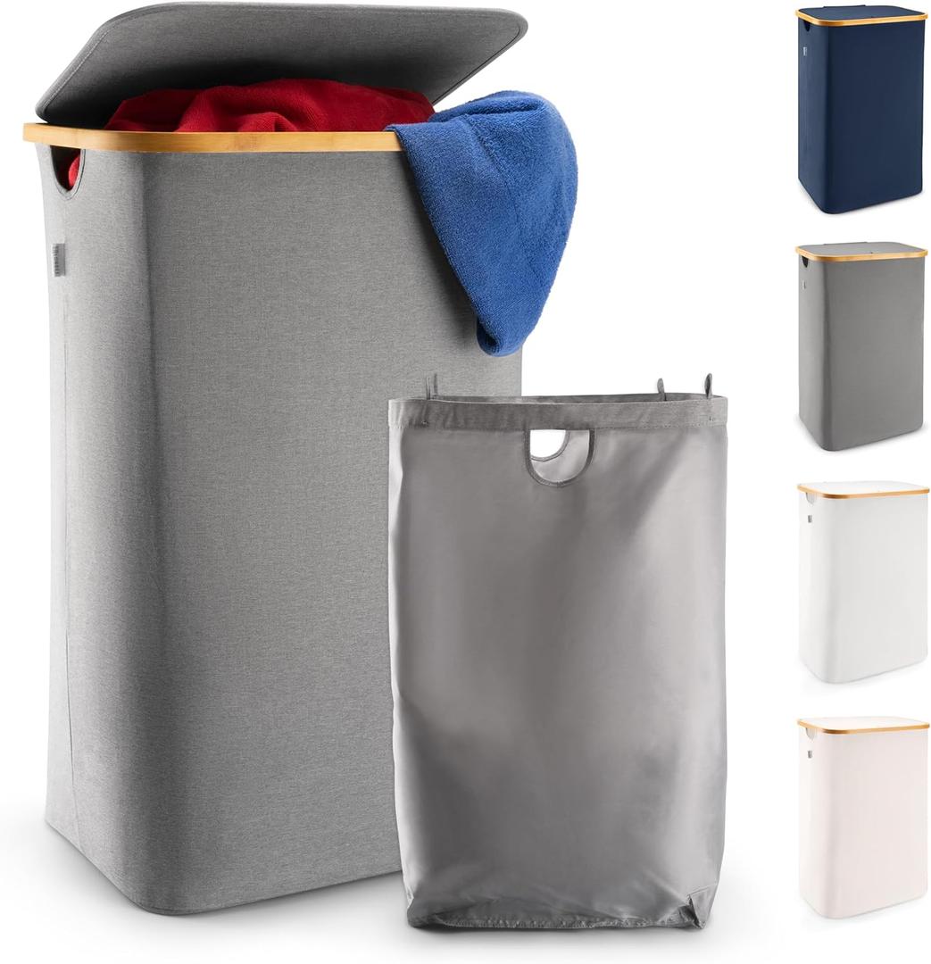 LONBET 26 Gal. Laundry Basket with Lid, Made from Breathable Fabric Aesthetic Clothes Hampers for Laundry with Side Handles & Sturdy Bamboo Frame Laundry Hamper with Lid & Removable Bag, Gray