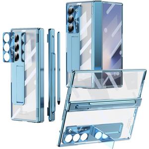 Ninki Compatible for Samsung Galaxy Z Fold 6 Case with S Pen Holder & Hinge, Transparent Case with Kickstand, Clear Blue
