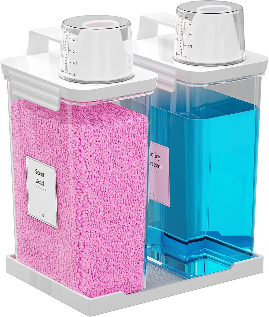 77.8OZ Laundry Detergent Dispenser Container, 2 Pack Liquid Laundry Dispenser, Plastic Detergent Dispensers for Laundry Room/Powder/Fabric Softener with Labels/Tray, Clear