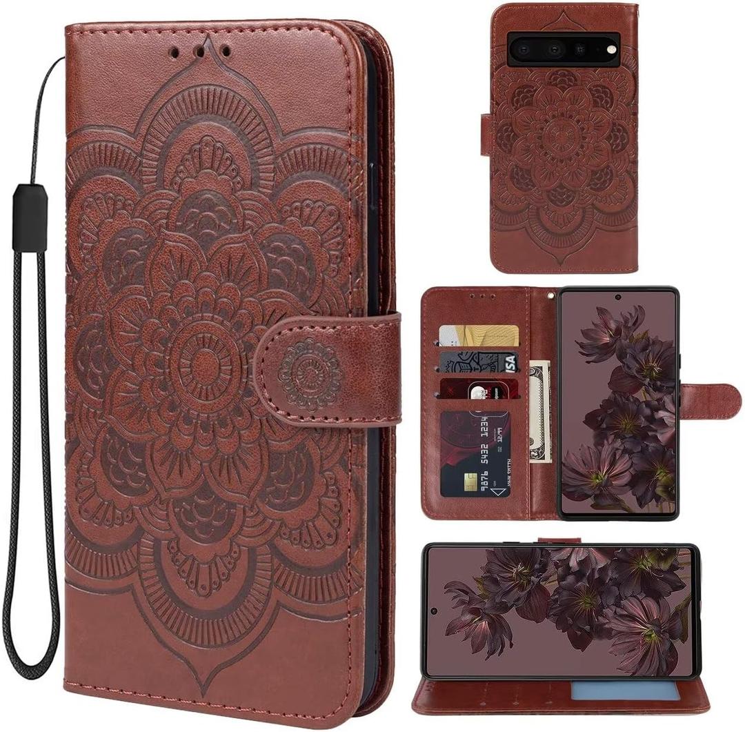Case for Pixel 7 Pro - Embossed Mandala Leather Flip Wallet Case with Kickstand, 3 Card Slot, Magnetic Closure Cover for Google Pixel 7 Pro Brown