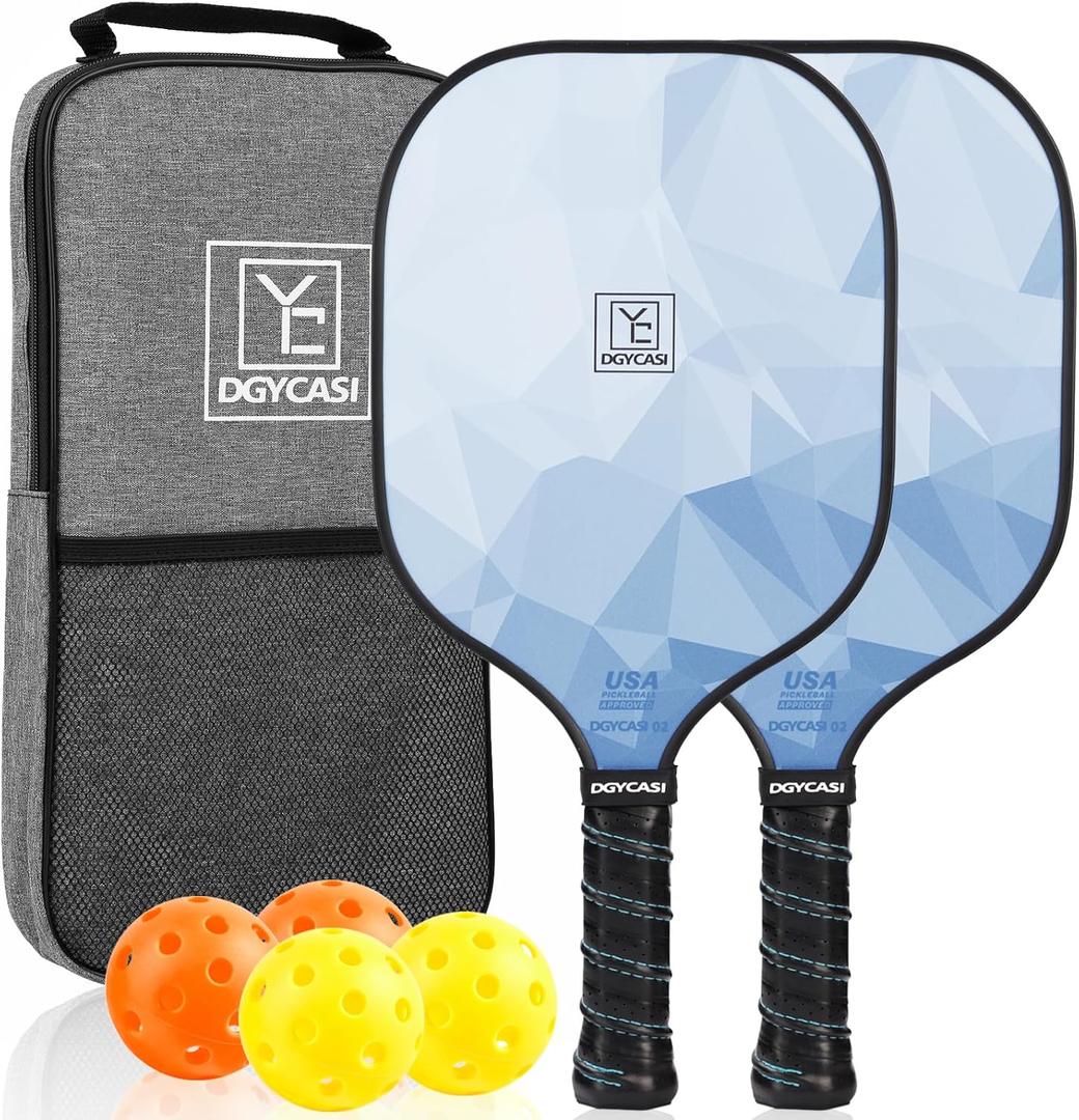 Pickleball Paddles Set of 2, 2025 USAPA Approved Pickleball Set, Fiberglass Lightweight Pickle Ball Rackets 2 Pack, 2 Outdoor Pickleball, 2 Indoor Pickleball Balls, 1 Pickleball Bag for Women and Men (Blue)