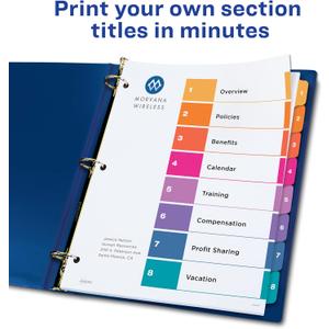 Avery 8 Tab Dividers for 3 Ring Binders, Customizable Table of Contents, Multicolor Tabs, 6 Sets (11186)