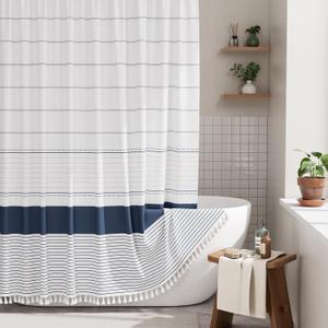 AmazerBath Boho Shower Curtain Set, Rustic Faux Linen Navy Blue Striped Shower Curtain with Hooks, Modern Farmhouse Shower Curtain with Tassels, White Base Toned, 72x72 Inches