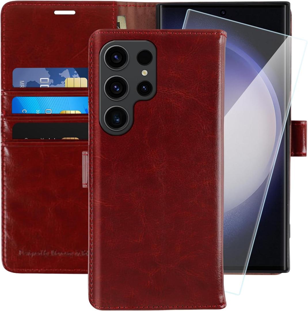 MONASAY Wallet Case Compatible for Galaxy S23 Ultra 5G,[RFID Blocking] Flip Folio Leather Cell Phone Cover with Credit Card Holder, 6.8 inch, Burgundy