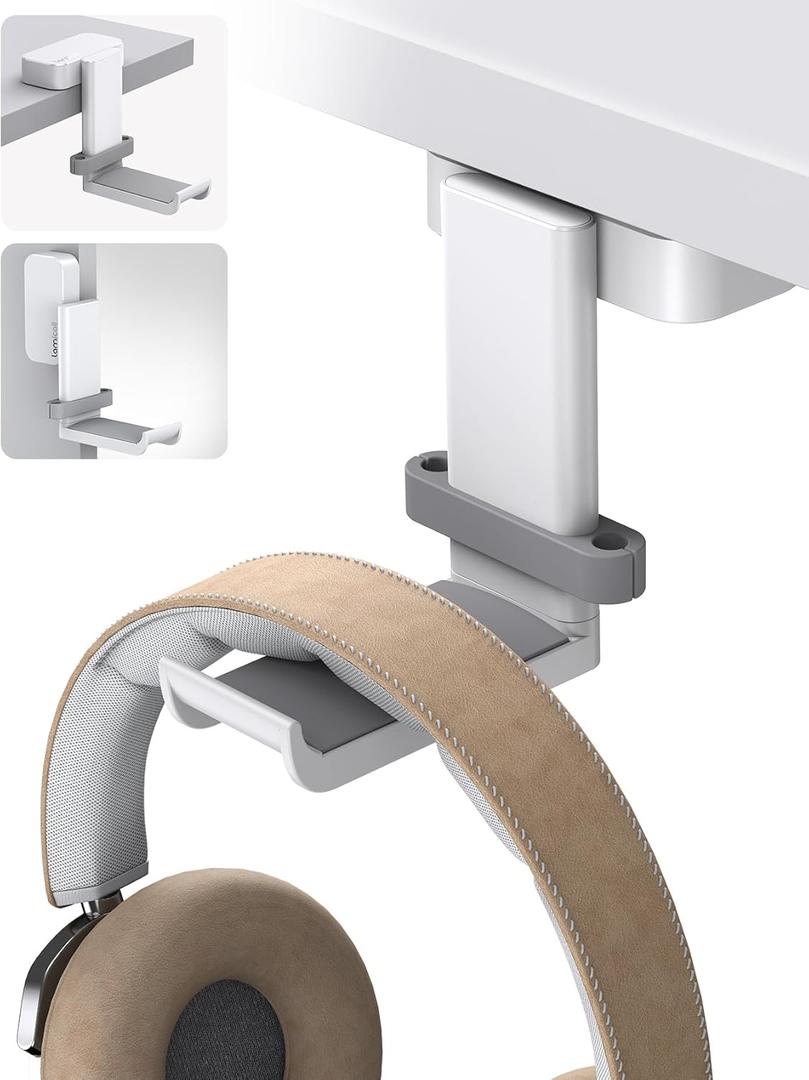Lamicall Headphone Stand, Sticky Headset Hanger - 360 Degree Rotation Earphone Adhesive Hook Holder Mount, Table Headphone Stand with Cable Organizer, Headset Clamp for HyperX, Sennheiser -White