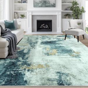 9x12 Area Rugs for Living Room Rug Washable: Abstract Large Rug for Dining Room Bedroom Carpet Non Slip 9 by 12 Indoor Modern Nursery Home Office Teal Grey Gold