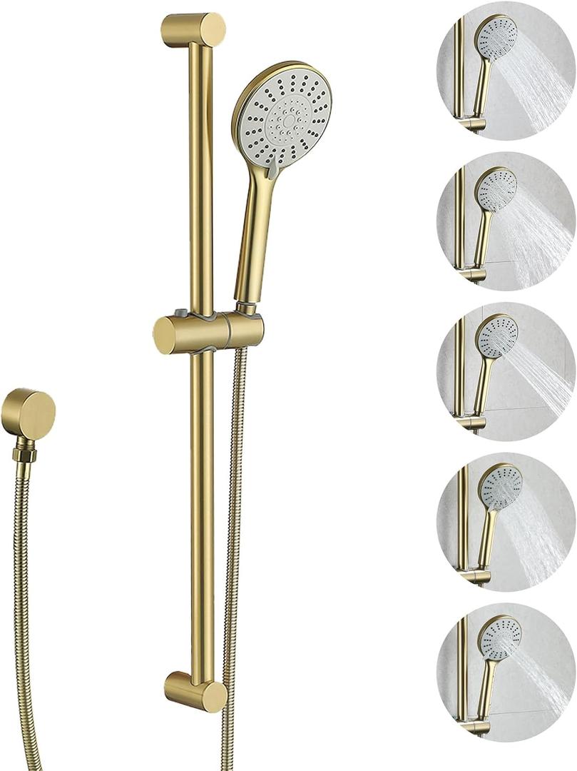 304 Stainless Steel Shower Slide Bar 28-Inch with Adjustable Handheld Shower Head and 59-Inch Hose, High Pressure 5 Setting Hand Shower with Wall Mount，Shower Slide Bar Combo, Brushed Gold